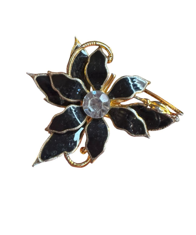 Elegant vintage Black gold metal enamel flower Floral Brooch