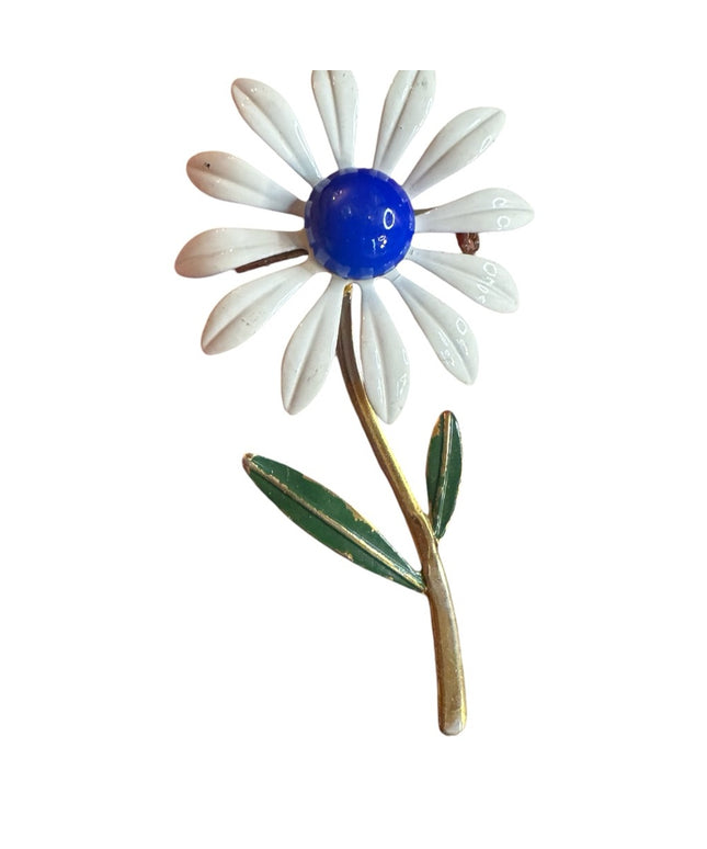 Vintage White and Blue Flower Brooch metal enamel Daisey 1970e