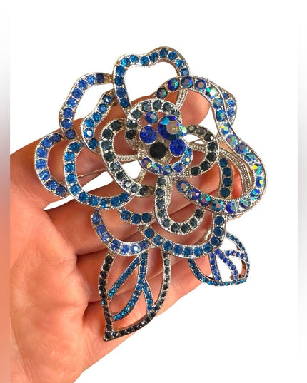 Large Blue Crystal Flower Brooch floral silver finish