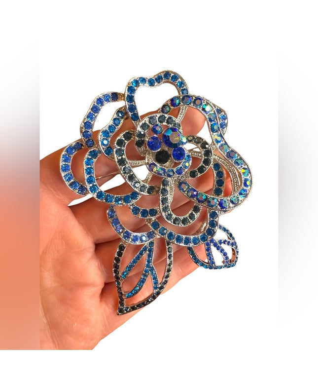 Large Blue Crystal Flower Brooch floral silver finish