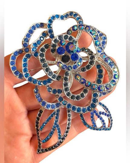 Large Blue Crystal Flower Brooch floral silver finish