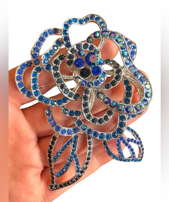 Large Blue Crystal Flower Brooch floral silver finish