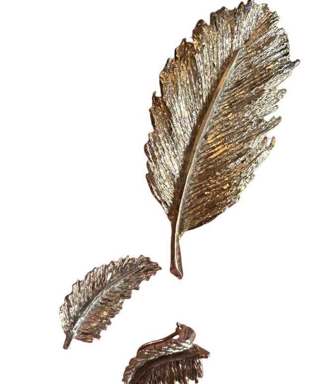 Vintage silver plate textured brushed large leaf brooch & earrings set