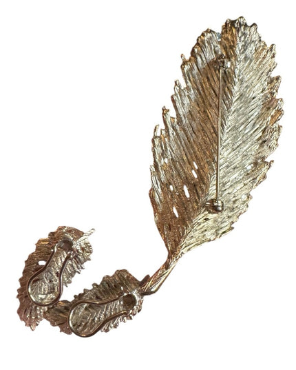 Vintage silver plate textured brushed large leaf brooch & earrings set
