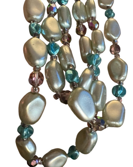 Elegant 1950s Vintage teal faux Pearl & AB blue crystal 3 strand Necklace