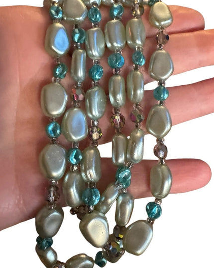 Elegant 1950s Vintage teal faux Pearl & AB blue crystal 3 strand Necklace