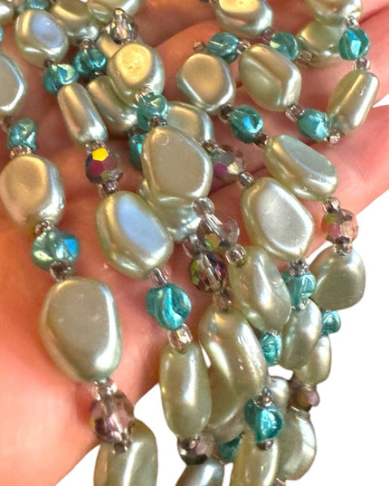 Elegant 1950s Vintage teal faux Pearl & AB blue crystal 3 strand Necklace