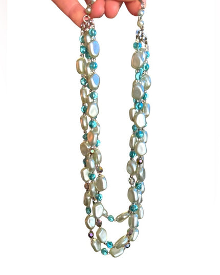 Elegant 1950s Vintage teal faux Pearl & AB blue crystal 3 strand Necklace