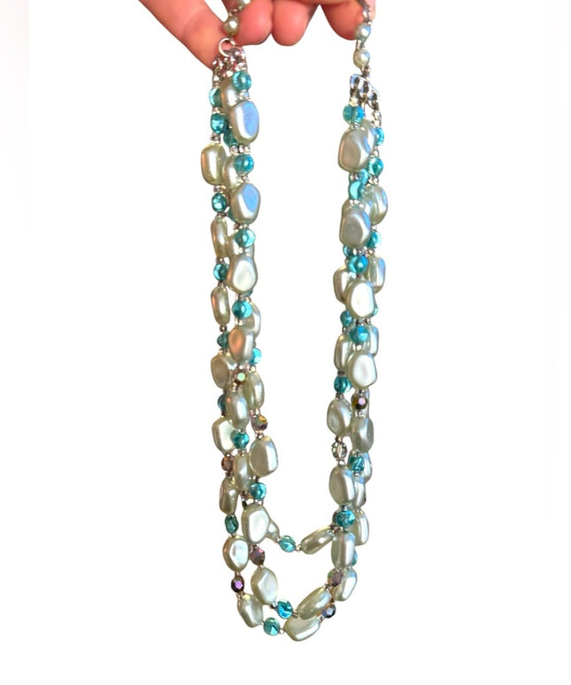 Elegant 1950s Vintage teal faux Pearl & AB blue crystal 3 strand Necklace