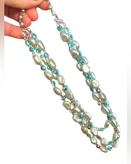 Elegant 1950s Vintage teal faux Pearl & AB blue crystal 3 strand Necklace