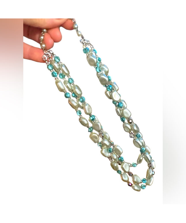 Elegant 1950s Vintage teal faux Pearl & AB blue crystal 3 strand Necklace