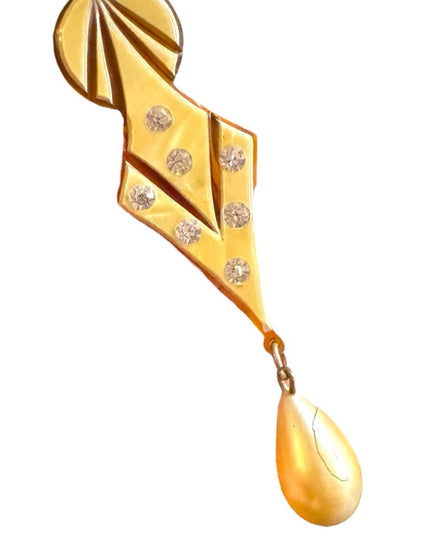 Elegant Gold Drop Antique cream Geometric Brooch Art Deco celluloid 1920s