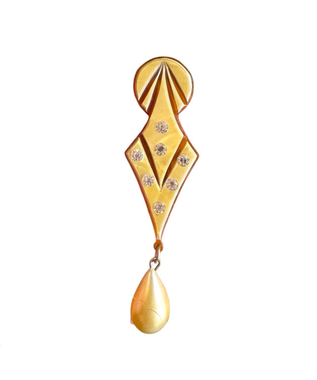 Elegant Gold Drop Antique cream Geometric Brooch Art Deco celluloid 1920s