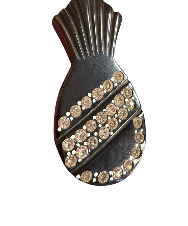 Victorian Deco 1920s black early plastic bakelite rhinestone pineapple fur clip