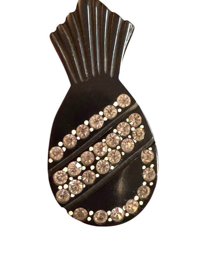 Victorian Deco 1920s black early plastic bakelite rhinestone pineapple fur clip
