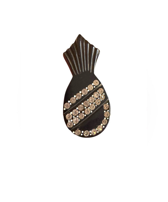 Victorian Deco 1920s black early plastic bakelite rhinestone pineapple fur clip