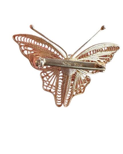 Elegant Silver Butterfly Brooch Vintage Mid-Century Sterling Silver Filigree