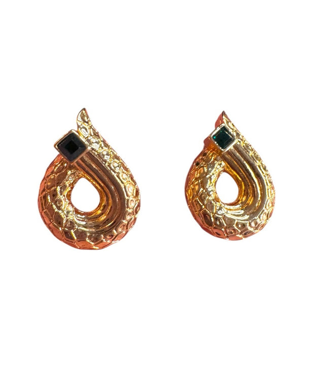 Gold Snake design green Swarovski crystal Earrings stamped authentic swan
