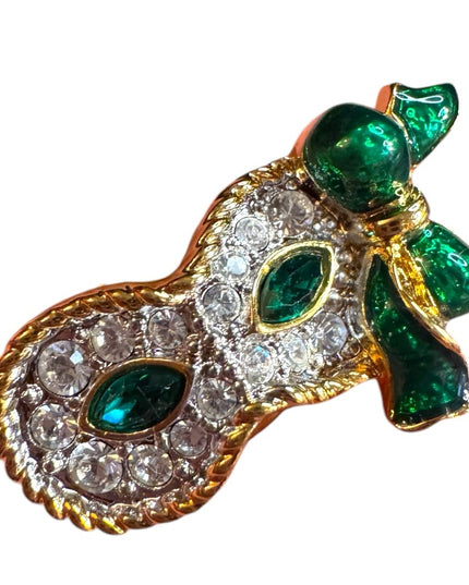 Swarovski Crystal Green White Masquerade Mardi Gras Owl Face Mask Pin Enamel Bow