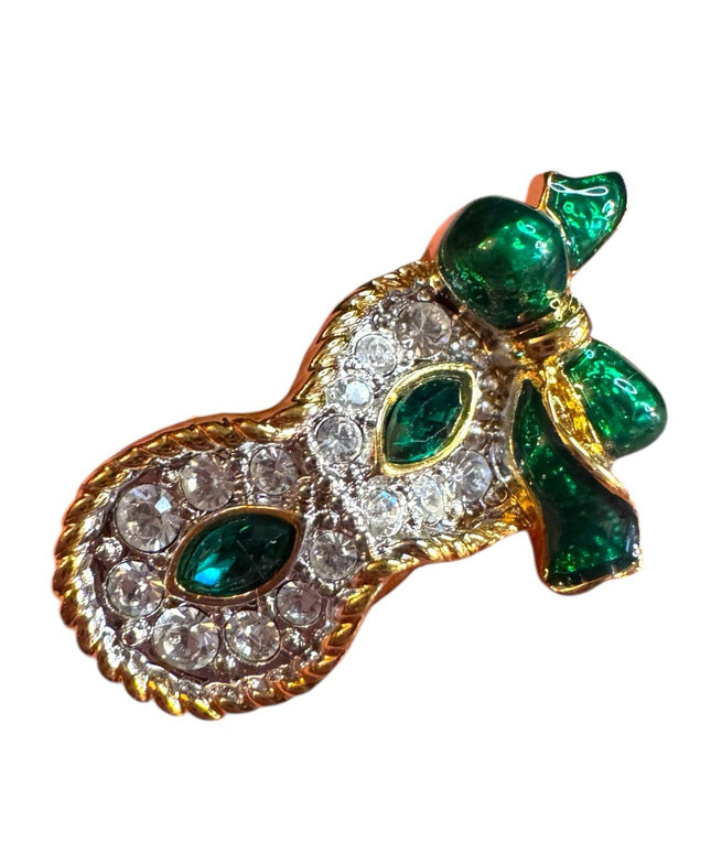 Swarovski Crystal Green White Masquerade Mardi Gras Owl Face Mask Pin Enamel Bow