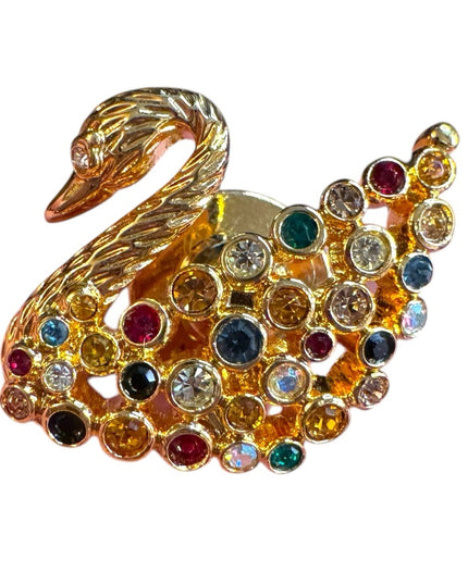 Swarovski Authentic Swan Lapel Pin, Goldtone and Rainbow Crystal Swan Brooch