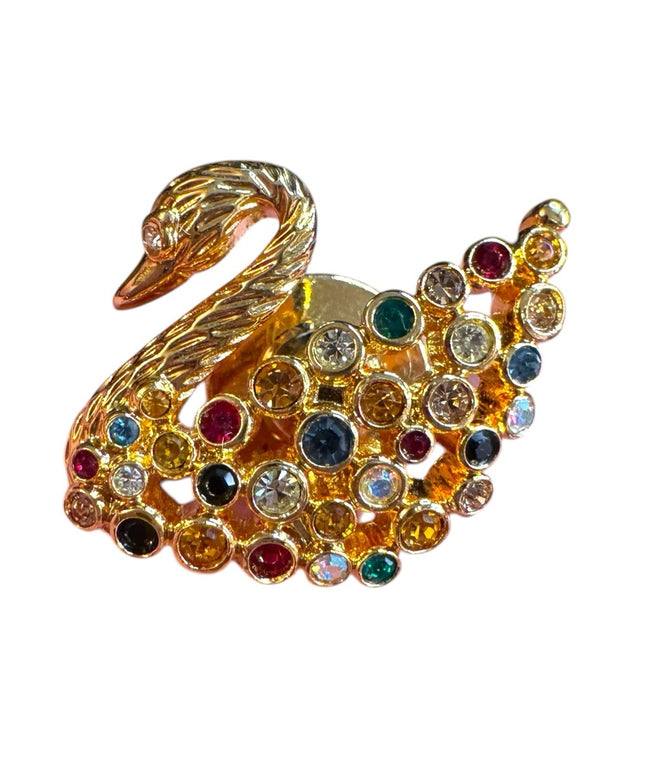 Swarovski Authentic Swan Lapel Pin, Goldtone and Rainbow Crystal Swan Brooch