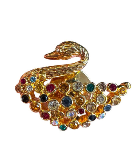 Swarovski Authentic Swan Lapel Pin, Goldtone and Rainbow Crystal Swan Brooch