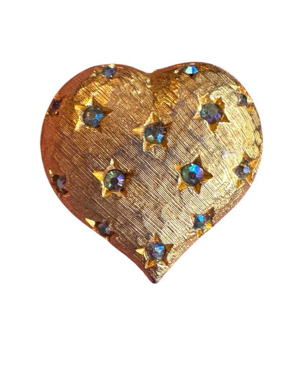 Vintage brushed gold finish Weiss puffed Heart w Rhinestone Pin Brooch signed