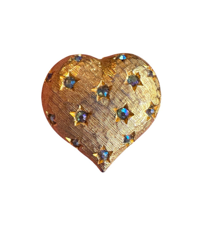 Vintage brushed gold finish Weiss puffed Heart w Rhinestone Pin Brooch signed