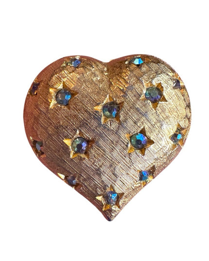 Vintage brushed gold finish Weiss puffed Heart w Rhinestone Pin Brooch signed