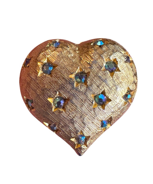 Vintage brushed gold finish Weiss puffed Heart w Rhinestone Pin Brooch signed