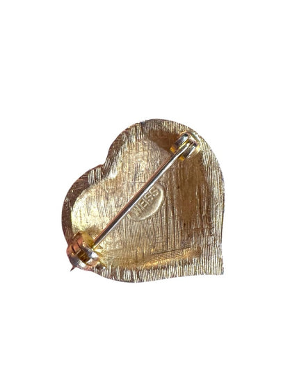 Vintage brushed gold finish Weiss puffed Heart w Rhinestone Pin Brooch signed