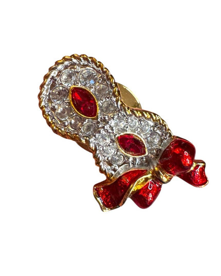 Swarovski Crystal red White Masquerade Mardi Gras Owl Face Mask Pin Enamel Bow