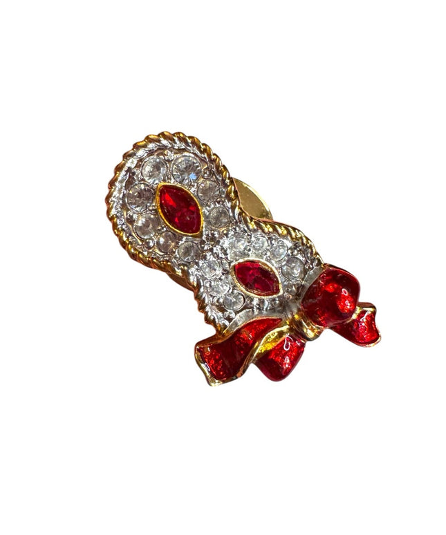 Swarovski Crystal red White Masquerade Mardi Gras Owl Face Mask Pin Enamel Bow