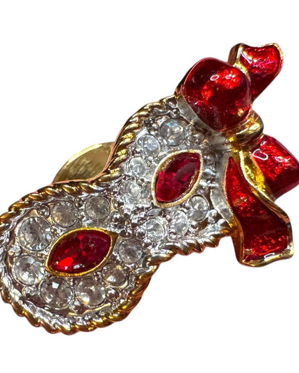 Swarovski Crystal red White Masquerade Mardi Gras Owl Face Mask Pin Enamel Bow