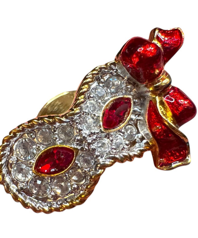 Swarovski Crystal red White Masquerade Mardi Gras Owl Face Mask Pin Enamel Bow