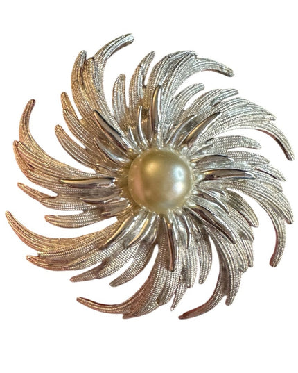 Vintage Huge Silver Tone Sarah Coventry Brooch Large Floral Pinwheel Statement