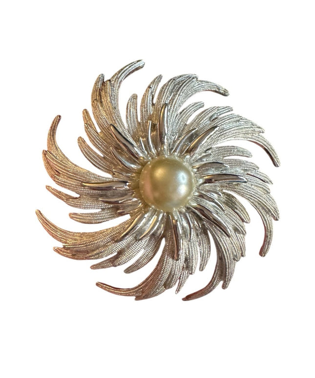 Vintage Huge Silver Tone Sarah Coventry Brooch Large Floral Pinwheel Statement