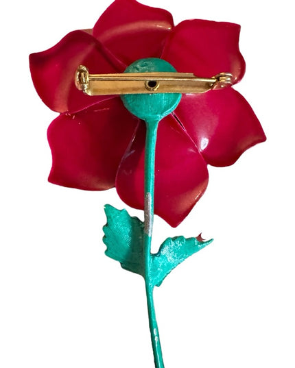 Vintage hand painted Red Enamel Flower Brooch metal 1970s
