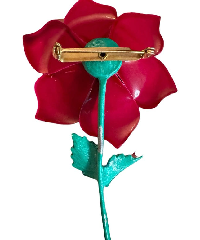 Vintage hand painted Red Enamel Flower Brooch metal 1970s