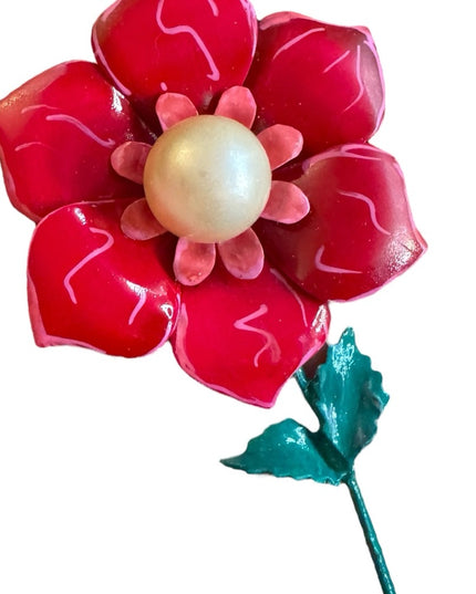 Vintage hand painted Red Enamel Flower Brooch metal 1970s