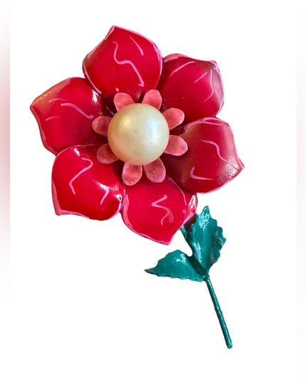 Vintage hand painted Red Enamel Flower Brooch metal 1970s