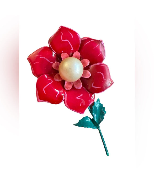 Vintage hand painted Red Enamel Flower Brooch metal 1970s