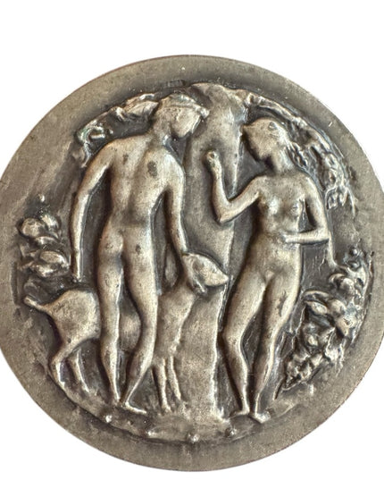 Antique Brooch French, Silver Large brooch. Adam and Eve. Medal by Belmondo.