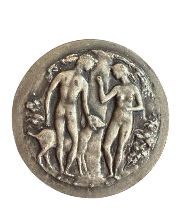 Antique Brooch French, Silver Large brooch. Adam and Eve. Medal by Belmondo.