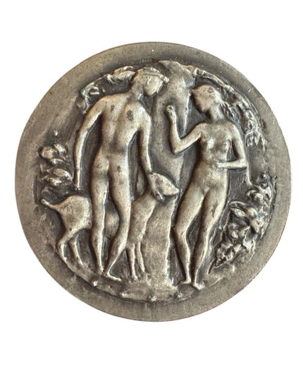 Antique Brooch French, Silver Large brooch. Adam and Eve. Medal by Belmondo.