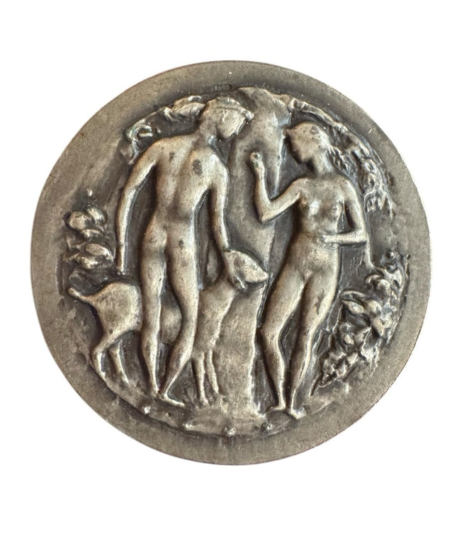 Antique Brooch French, Silver Large brooch. Adam and Eve. Medal by Belmondo.