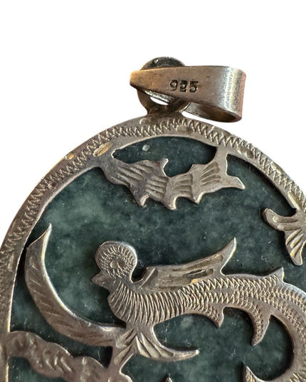 Vintage Guatemalan Sterling Pendant, Artisan Reversible,  Jade Quetzal Bird