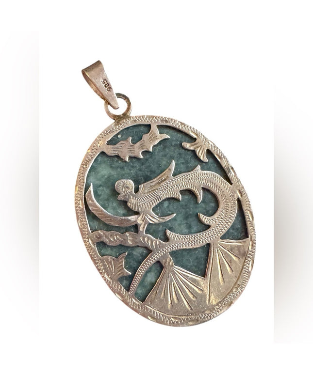 Vintage Guatemalan Sterling Pendant, Artisan Reversible,  Jade Quetzal Bird