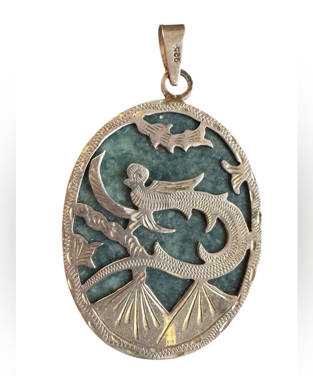 Vintage Guatemalan Sterling Pendant, Artisan Reversible,  Jade Quetzal Bird
